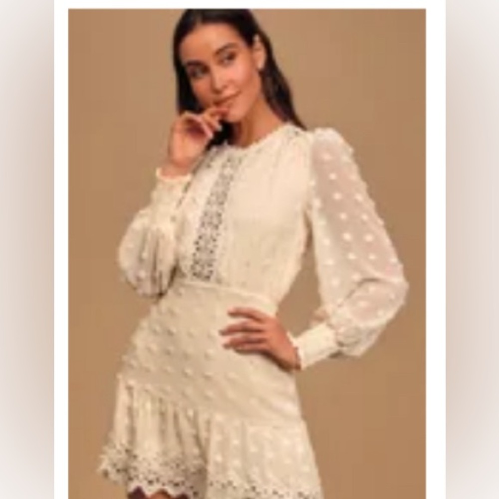 Lulus Lust or Love Cream Embroidered Lace Long Sleeve Dress